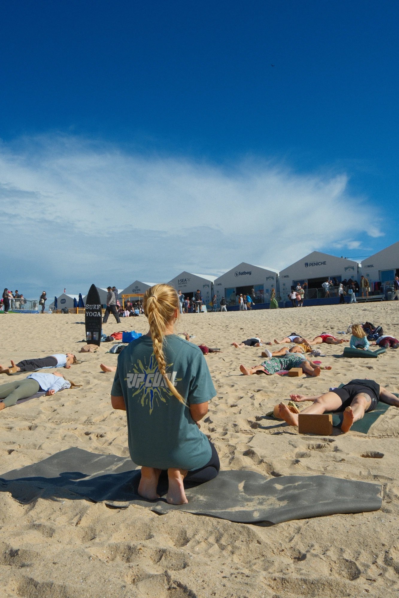 Marie teaching in front of the Rip Curl Pro event village
